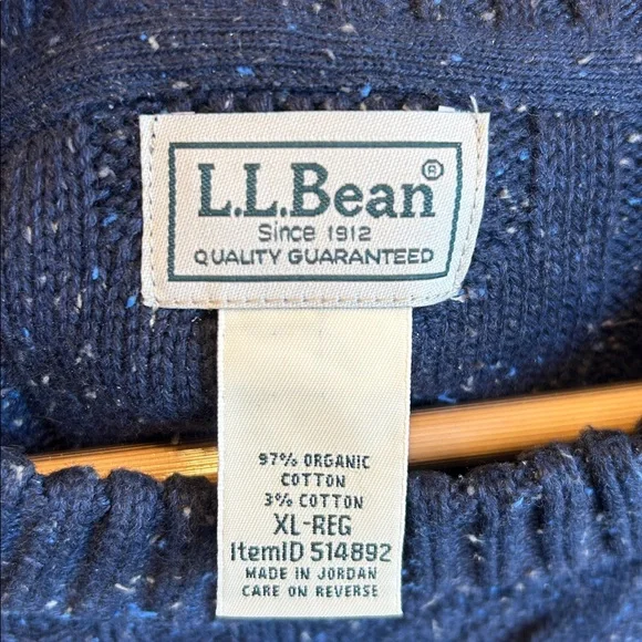 LL Bean Sweater Mens XL Regular Blue Fisherman Crewneck Cable Knit Organic